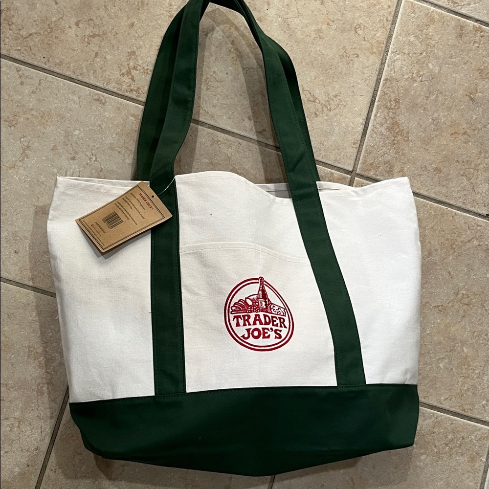 Trader Joe's large  White and Green Tote Bag. Holy days color 21’ x 14’ inches